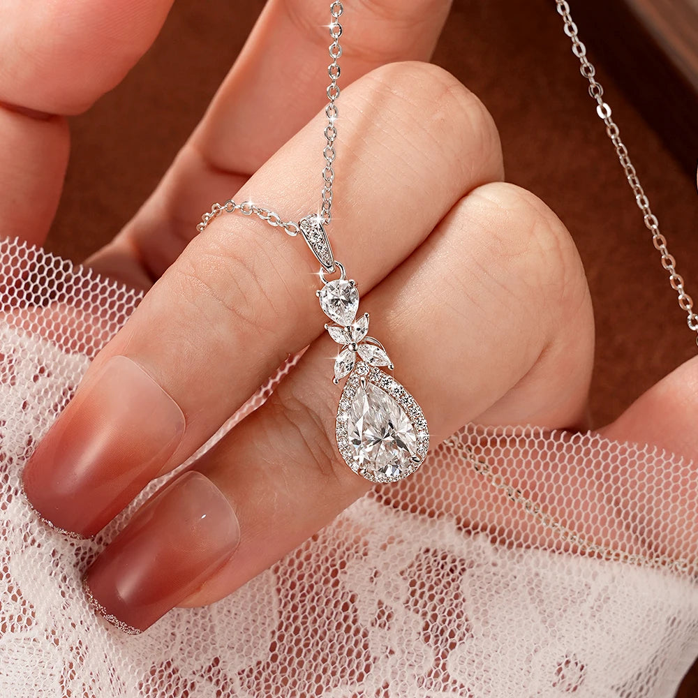 OXTAO 14K Gold Filled Teardrop Pendant Necklace 7x10.5mm Pear Shape Certified Moissanite Floral-Style Necklace for Women Jewelry