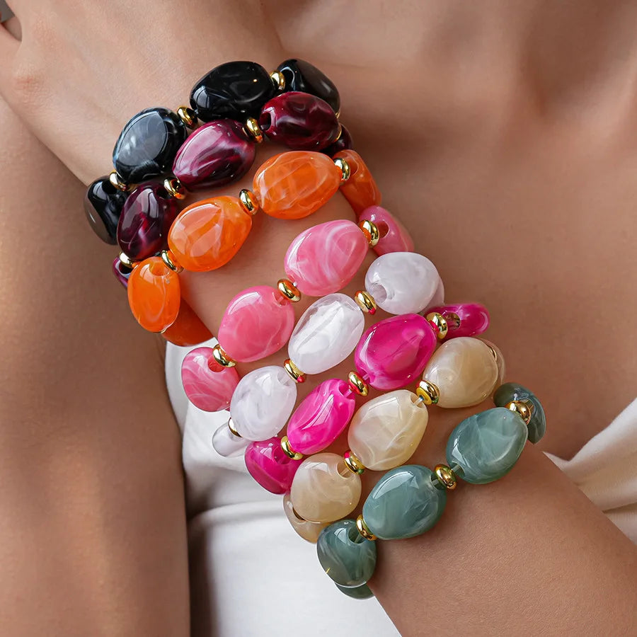 Trendy Colorful Marbled Irregular Oval Bead Elastic Bracelets Boho Resin Geometric Beaded Bangles Bracelet 2026 Fashion Jewelry