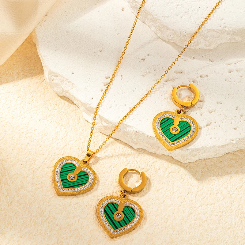 ANENJERY 316L Stainless Steel Double sided Heart Shiny Zircon Necklace Earrings For Women Niche Vintage Jewelry Gifts Wholesale