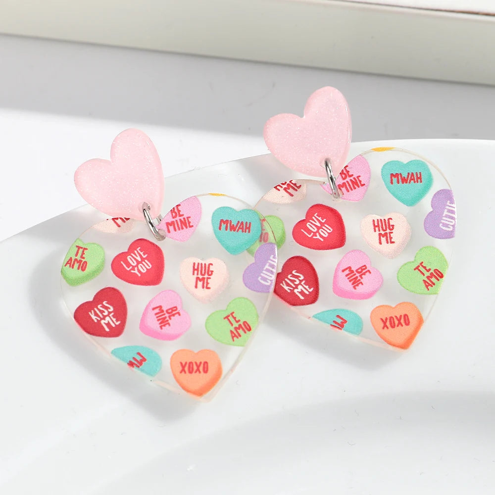 Sweet Acrylic Heart Love Message Drop Earrings for Women Resin Heart Shape Pendant Earrings Valentines Day Gifts