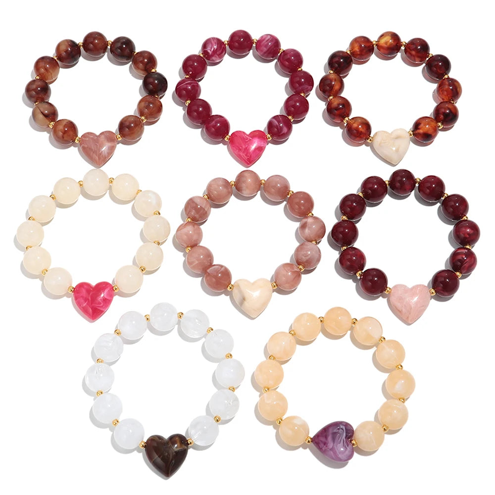 Trendy Acrylic Round Heart Beads Elastic Bangle Bracelets Resin Colorful Geometric Beaded Stretch Bracelet Women Charm Jewelry