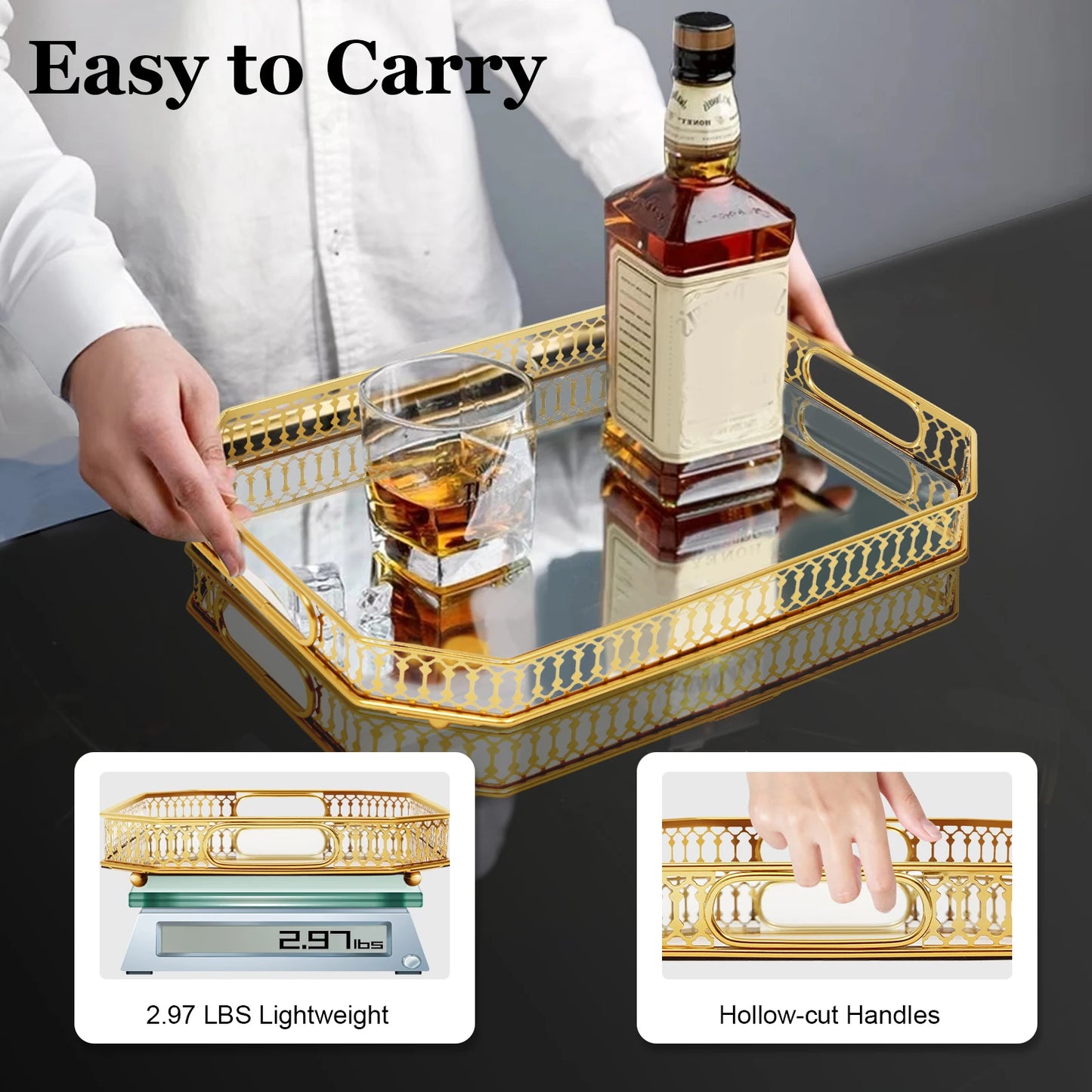 Gold Electroplated Iron Glass Serving Tray Rectangular Cut-out Handles Raised Edge Spherical Feet Decorative Vanity Tray
