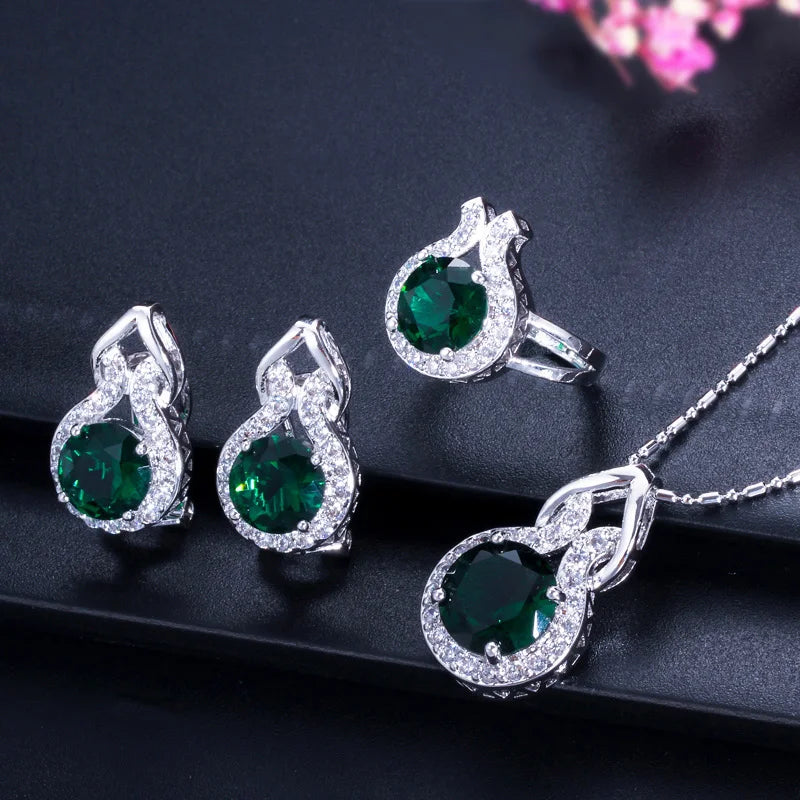 ThreeGraces 3pcs Fashion Shiny Pink Round Zirconia Wedding Party Pendant Necklace and Earrings Ring Jewelry Set for Women T1222