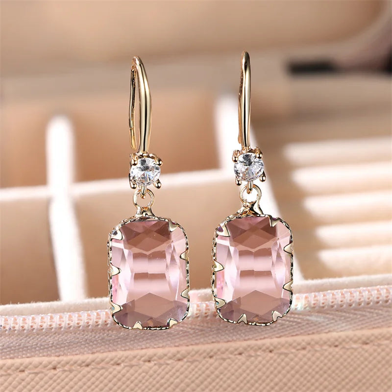 Cute Female Red Green Rainbow Drop Earrings Luxury White Crystal Earrings Yellow Gold Color Wedding Earrings For Women