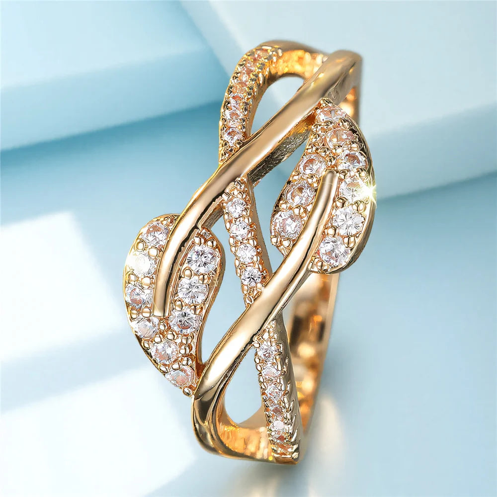 Cute Female White Zircon Stone Tree Leaf Ring Gold Color Engagement Charm Wedding Jewelry For Women