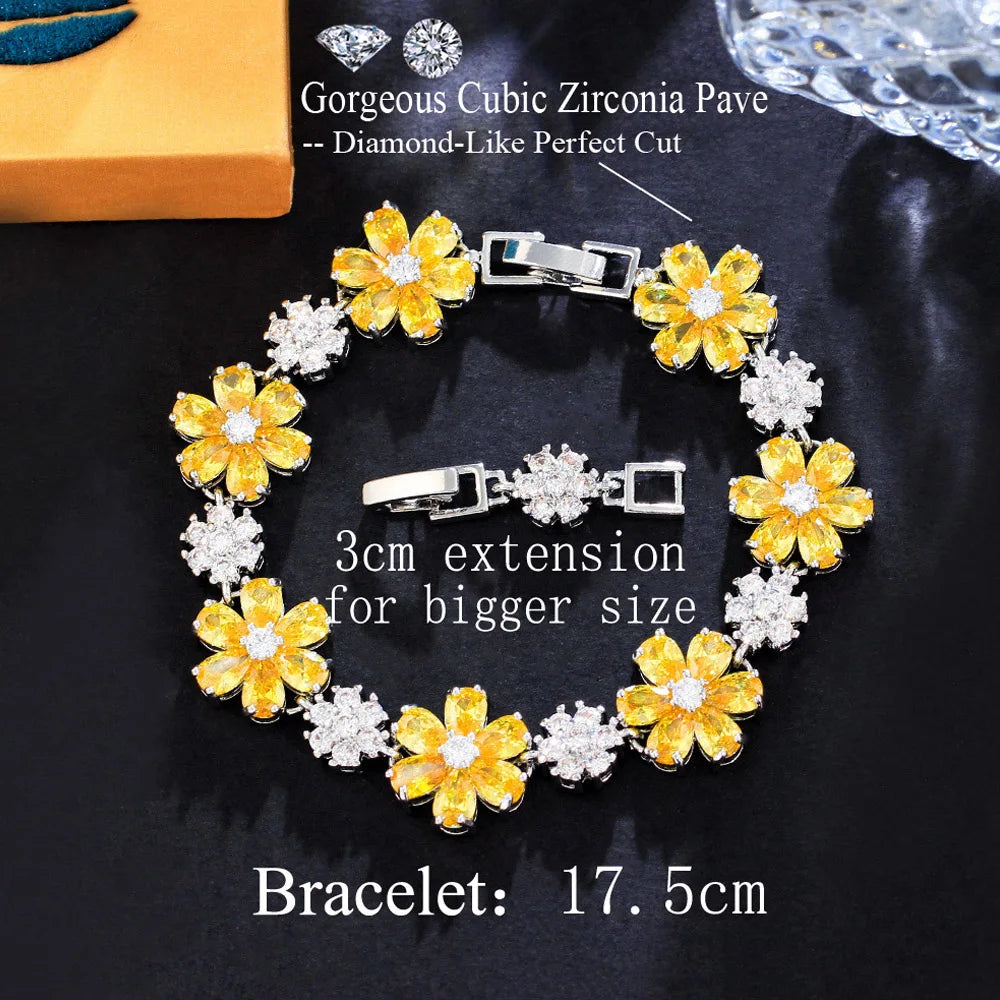 ThreeGraces High Quality Green Cubic Zirconia Gold Color Flower Link Chain Bracelet for Women Fashion Dubai Party Jewelry BR294