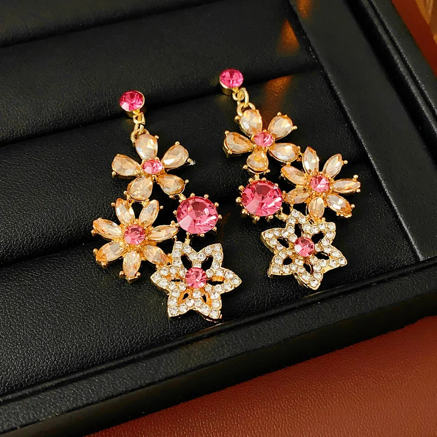 Vintage Inlaid Rhinestone Flowers Snowflake Jewelry Sets for Women Retro Exquisite Versatile Light Luxury Earring Necklace Set