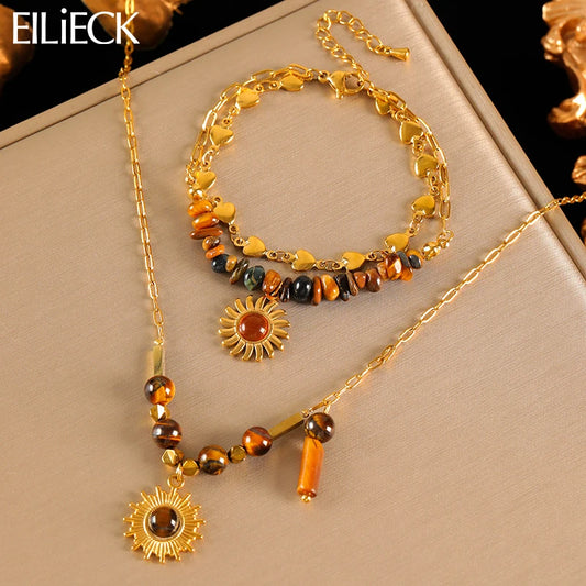 EILIECK 316L Stainless Steel Vintage Brown Beaded Pendant Necklace Bracelet Trendy For Women New Gift Waterproof Jewelry Set