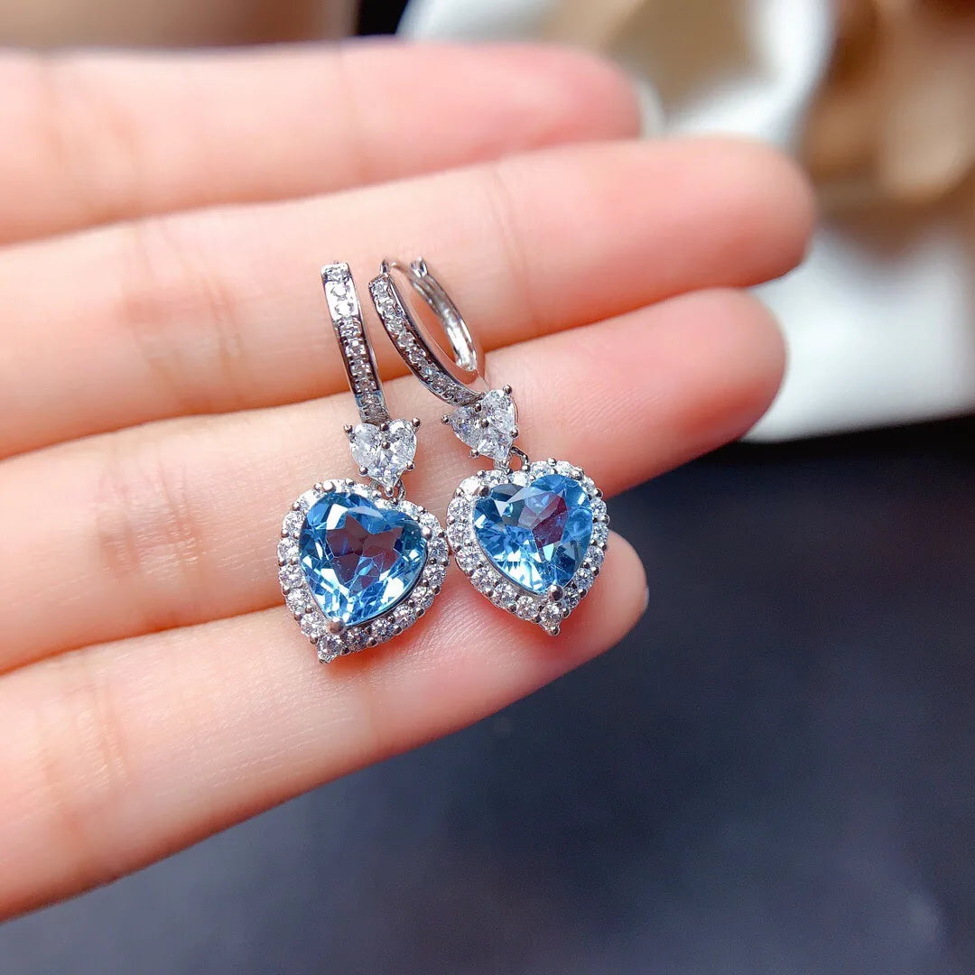 925 Sterling Silver Fine Jewelry Set Heart Shaped Blue Zircon Earrings Set Ring Pendant Earrings Women Engagement Party