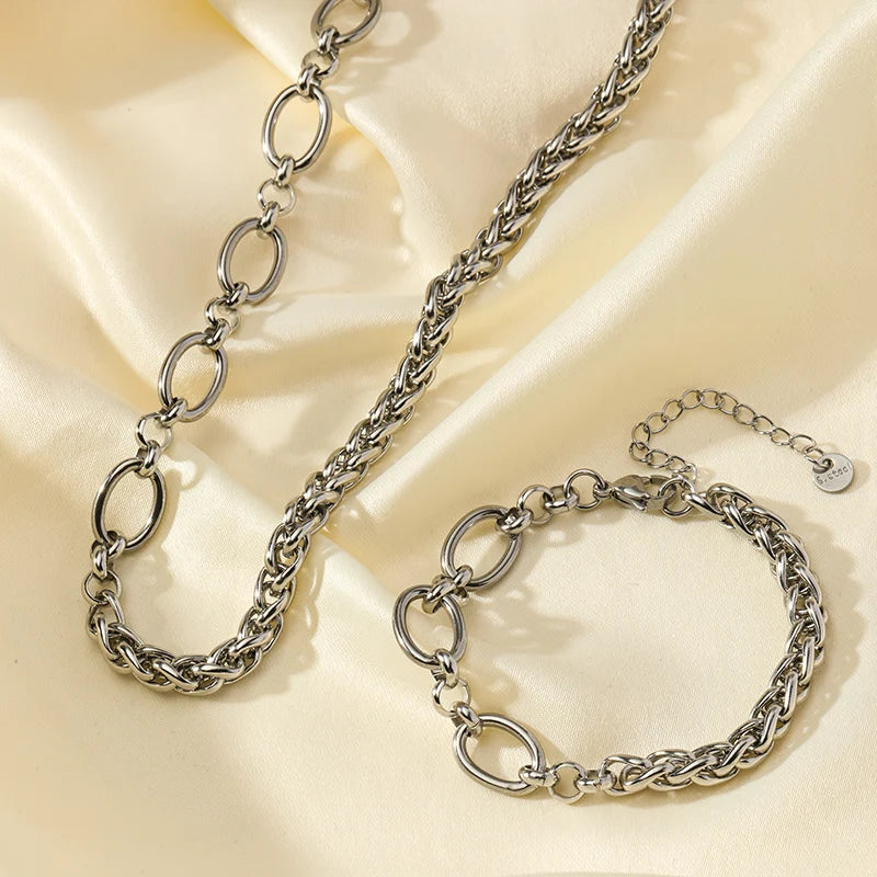 EILIECK 316L Stainless Steel Gold Color Asymmetric Chain Necklace Bracelet Set For Women Fashion Waterproof Jewelry Lady Gift