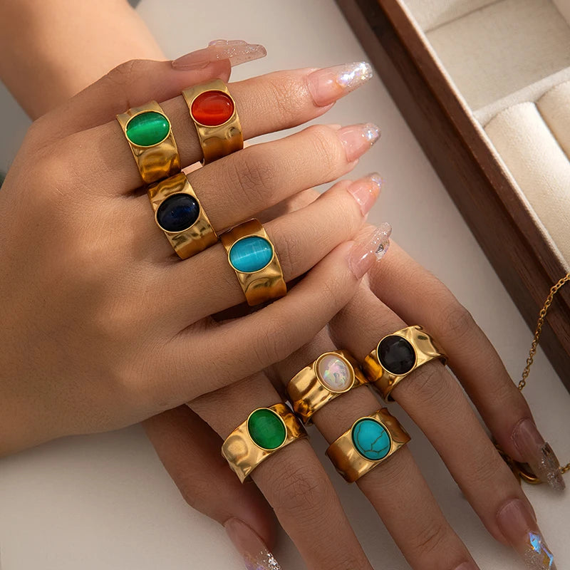 ANENJERY 316L Stainless Steel Colorful Stone Wide Smooth Open Ring for Women Men Elegant Noble Jewelry Gifts Wholesale