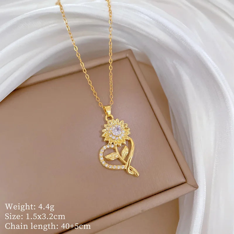 316L Stainless Steel Luxury Zircon Flower Pendant Necklace For Women Girl New Trend Clavicle Chain Jewelry Lady Gift