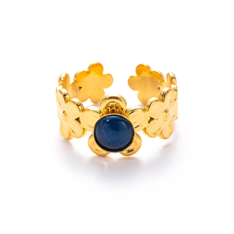 ANENJERY 316L Stainless Steel Flower Inlaid Colorful Stone Open Ring for Women Men Beauty Delicate Jewelry Gifts Wholesale