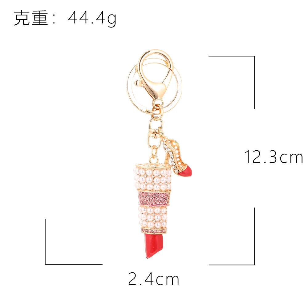 Elegant Ladies Lipstick Keychain High Heels Pendant Car Keyring Pearl Rhinestone Inlaid Metal Accessories