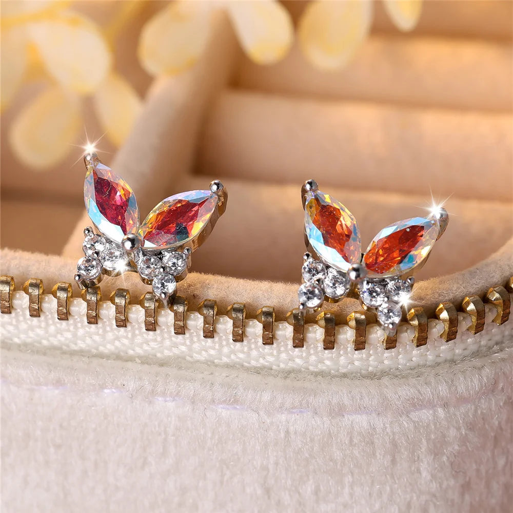 Cute Female White Butterfly Zircon Stone Stud Earrings Silver Color Uquare Girlfriend Gift Wedding Jewelry For Women