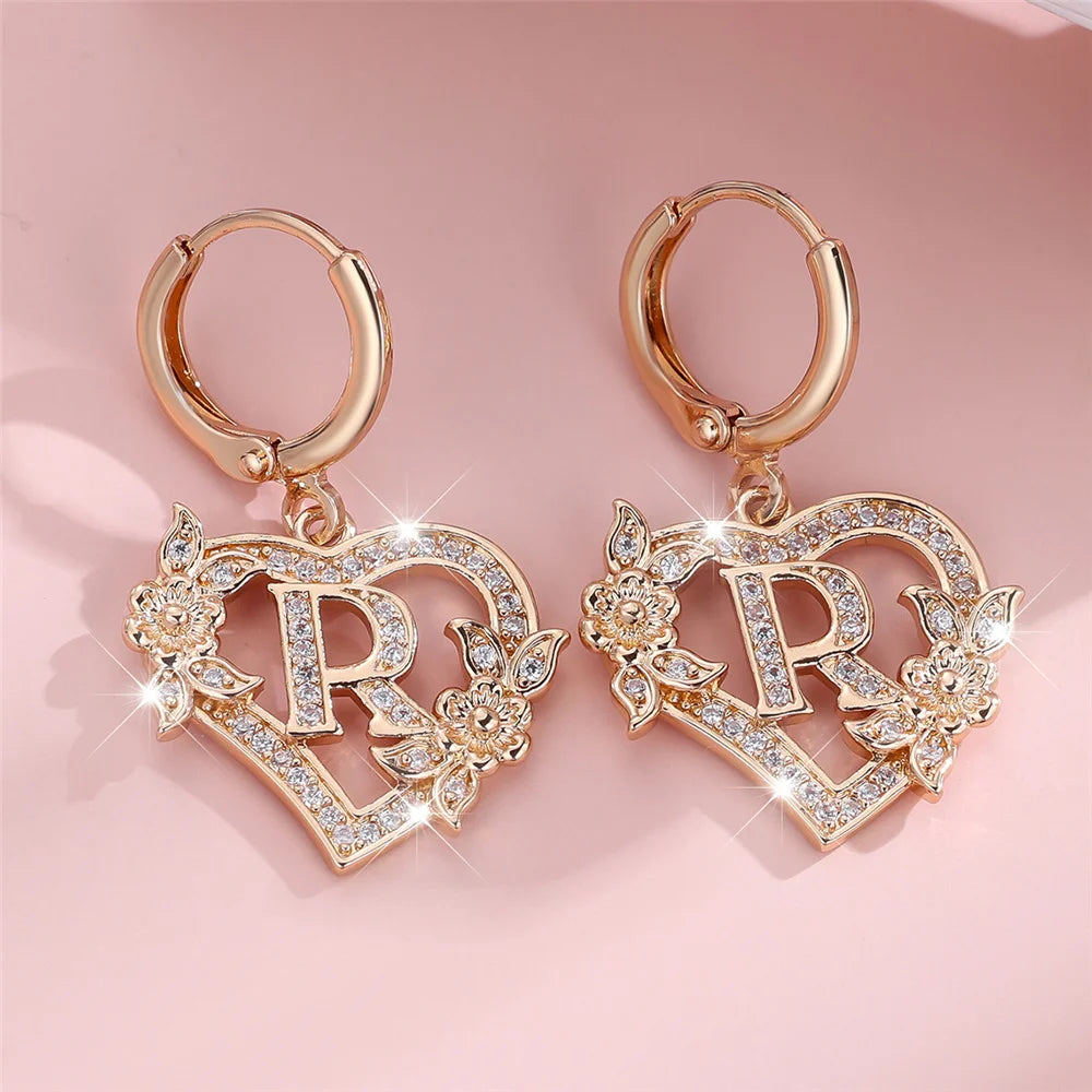 Female A-Z 26 Letter Heart Flower Hoop Earrings Yellow Gold Color White Zircon Wedding Jewelry For Women