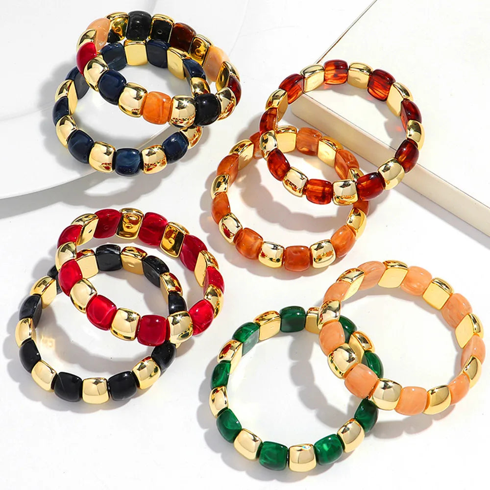 Vintage Acrylic Coloful Geometric Beads Elastic Bangle Bracelets Fashion Resin Golden CCB Bead Stackable Bracelet Women Jewelry