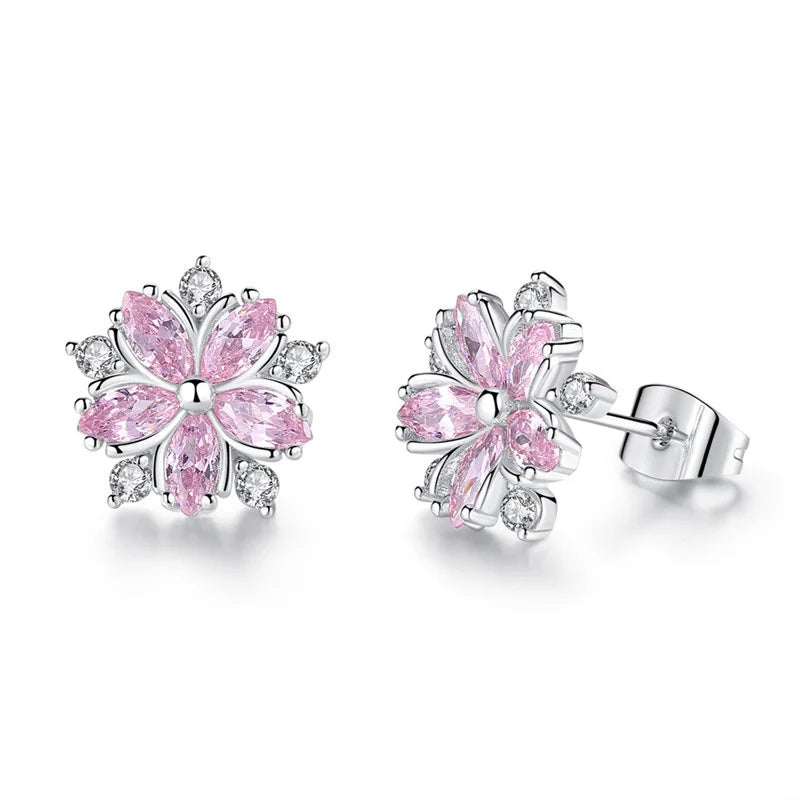 Luxury Female Pink Stone Flower Stud Earrings Silver Color Zircon Wedding Jewelry For Women