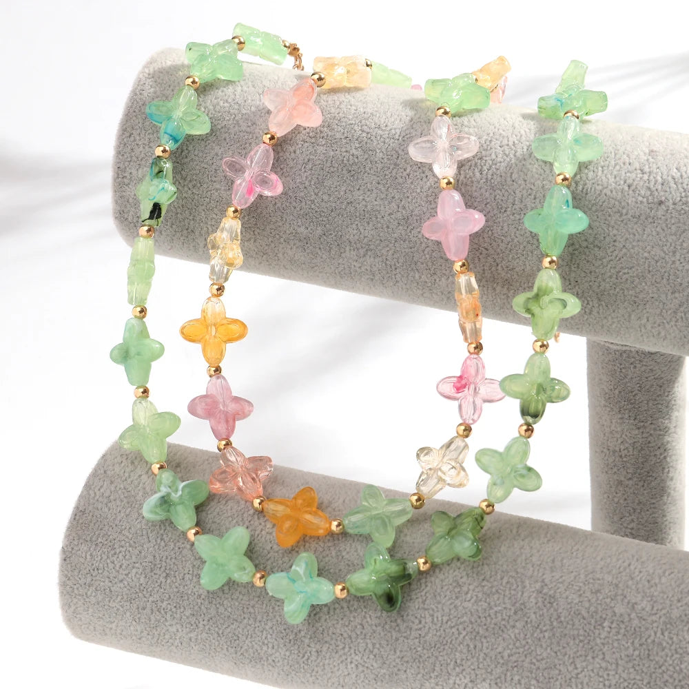 Cute Colorful Geometric Flower Beaded Choker Necklace Sweet Resin Beads Necklaces for Women Spring Summer Jewelry Gifts