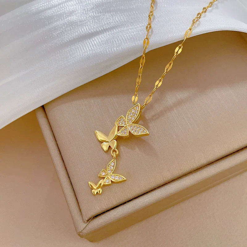 EILIECK 316L Stainless Steel Shine Cubic Zircon Butterfly Pendant Necklace for Girl Gold Color Waterproof Chic Jewelry Party