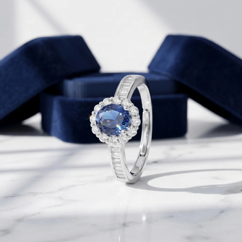 925 Sterling Silver Oval Zircon Halo Ring - Adjustable Fit, Classic Luxury Jewelry for Women, Elegant Wedding & Party Accessory