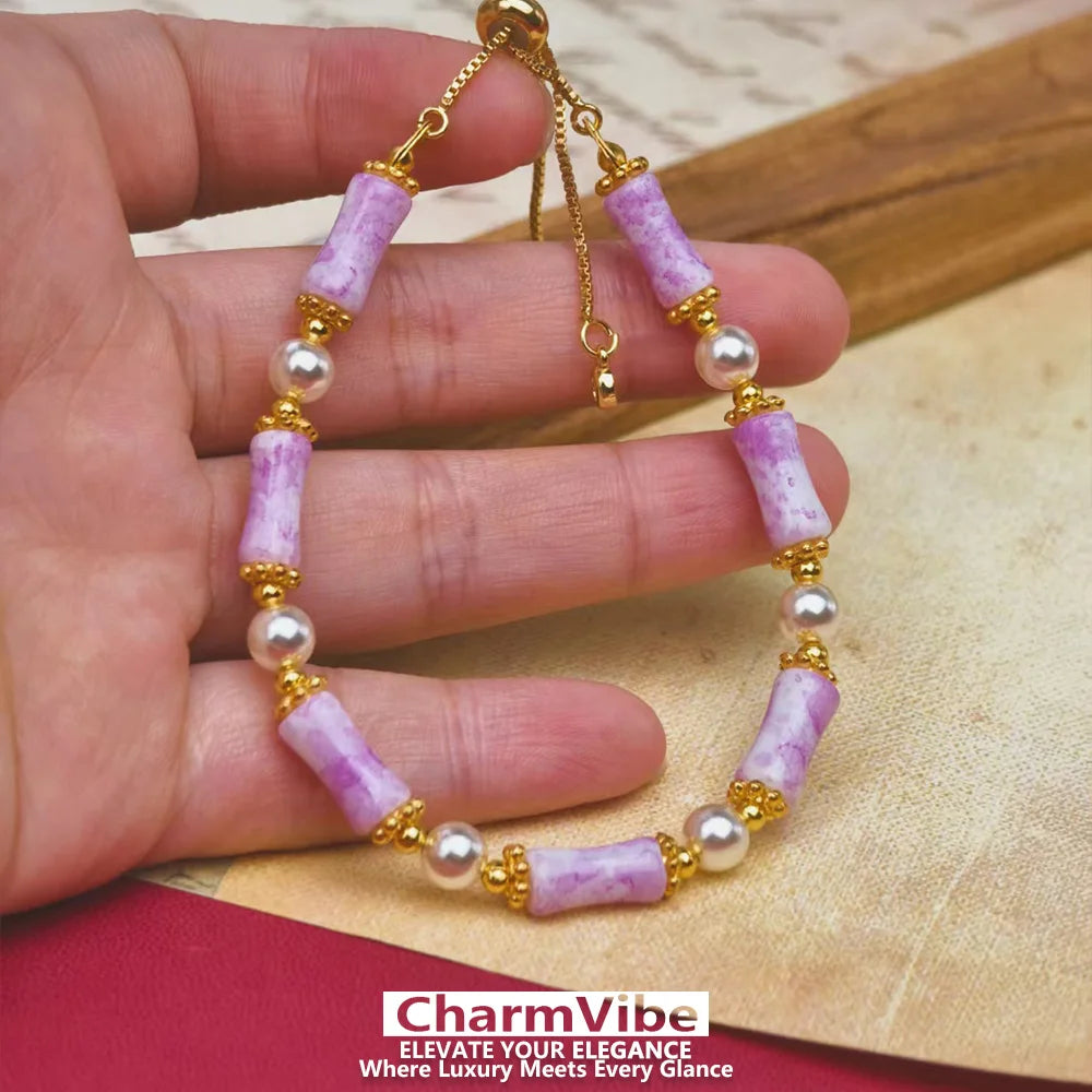 Dainty purple Stone Bamboo Beaded Bracelet for Women Golden Pearl Adjustable Drawstring Bracelet Wedding Party Jewelry Gift
