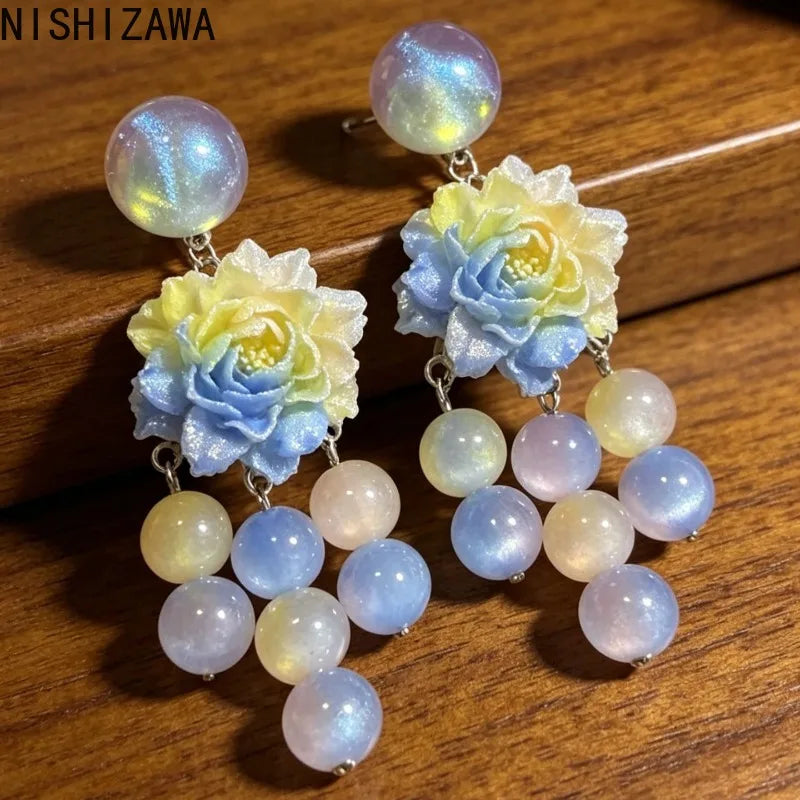 Gradient Floral Earrings for Women Tassels Beads Vintage Palace Style Jewelry Elegant Fashion Light Luxury Aretes De Mujer