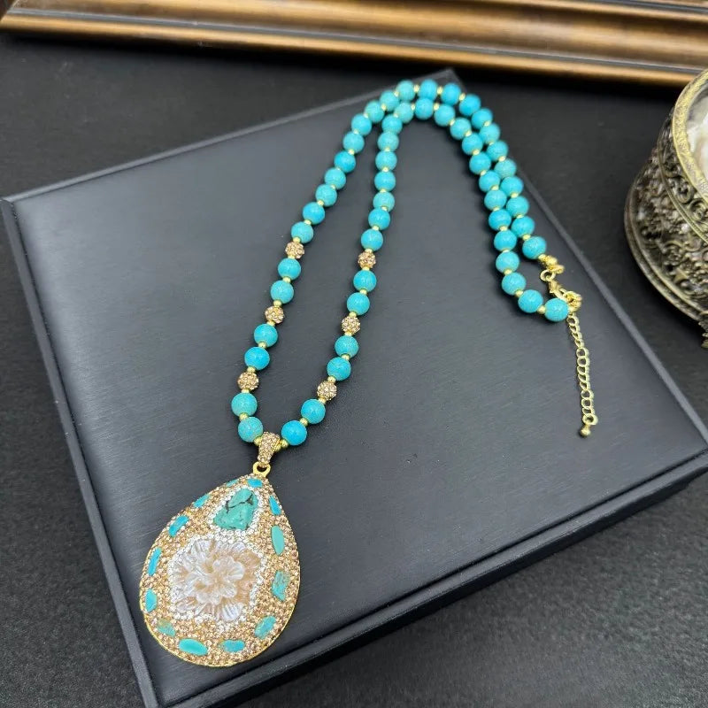 NISHIZAWA Turquoise Earrings for Women Ethnic Style Vintage Geometric Jewelry Fashion Elegant Exqusite Pendientes Mujer