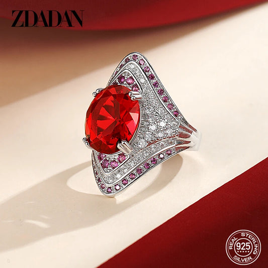 ZDADAN 925 Sterling Silver Ruby Ring For Women Zircon Finger Rings Fashion Jewelry Gifts