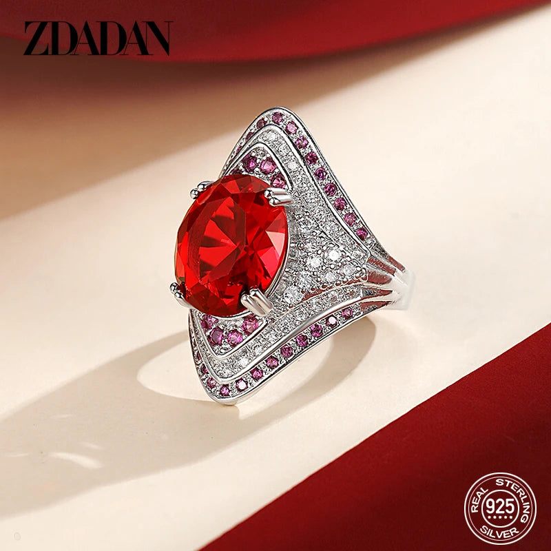 ZDADAN 925 Sterling Silver Ruby Ring For Women Zircon Finger Rings Fashion Jewelry Gifts