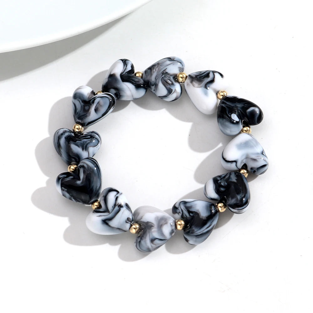 Cute Acrylic Colorful Geometric Heart Beads Elastic Bracelets New Love Heart Beaded Stackable Bangle Bracelet Women Jewelry Gift