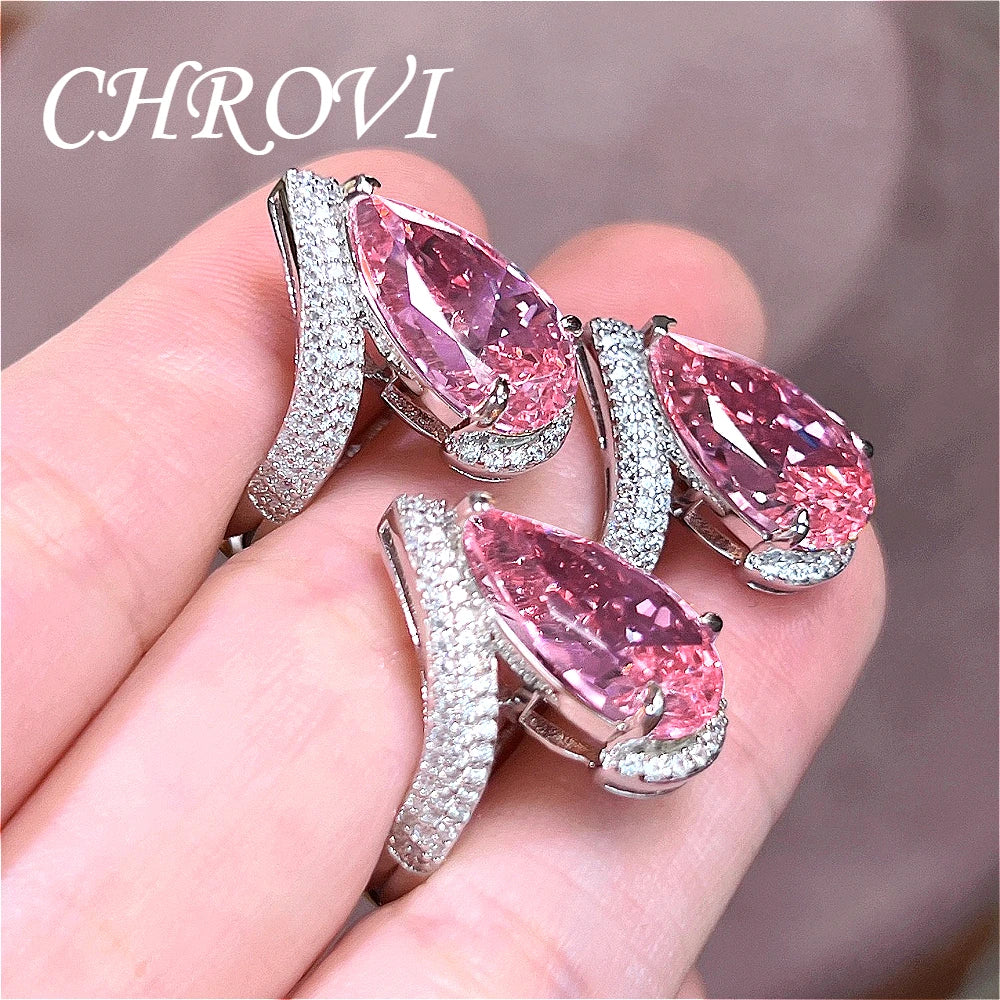 Luxury-Style 925Sterling Silver Drop-shaped Pink Zirconia Fashion Ring Full Diamond-Engraved Elegant Open Design Women's Jewelry