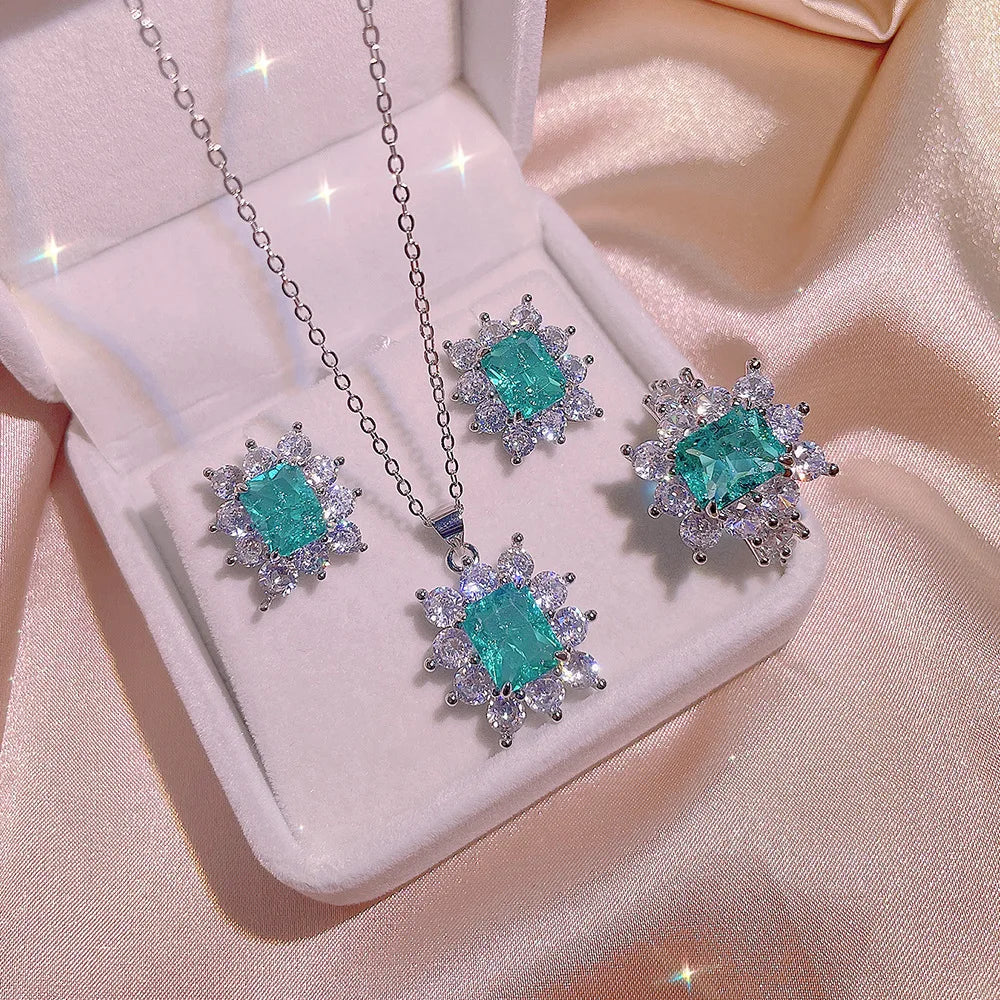 925 Silver Vintage Rectangle Emerald Jewelry Set Halo Starburst Zircon Necklace Earrings Women Party Ornaments