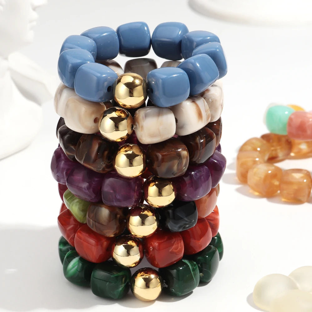 Acrylic Multicolor Irregular Beads Stretchy Bracelets Bangles for Women Resin Marbled Beaded Geometric Elastic Bracelet Jewelry