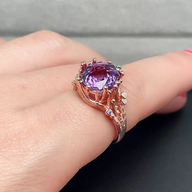 Pure Amethyst Ring for Party 10mm 4ct Natural Amethyst 925 Silver Ring with Thick Gold Plated Birthday Gift for Girlfriend