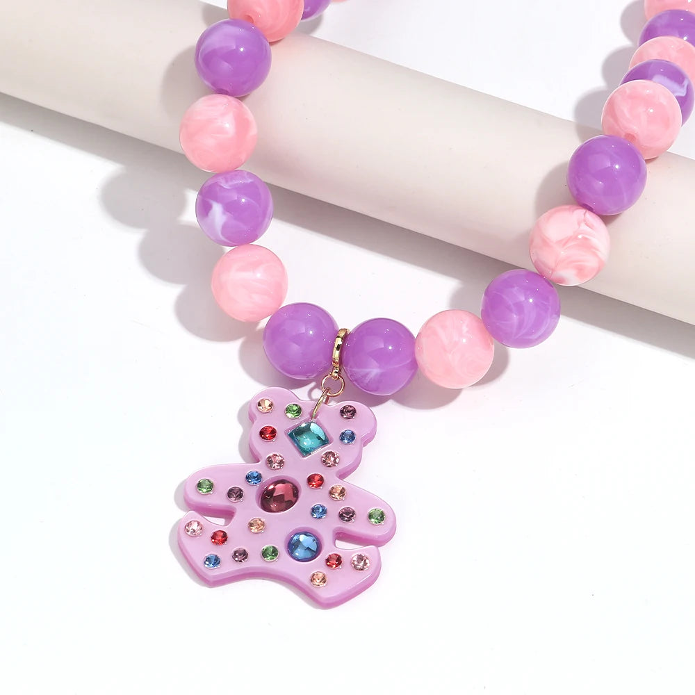 Fashion Acrylic Big Round Beads Bear Pendant Necklace for Women Colorful Geometric Beaded Choker Necklace Party Jewelry Gift