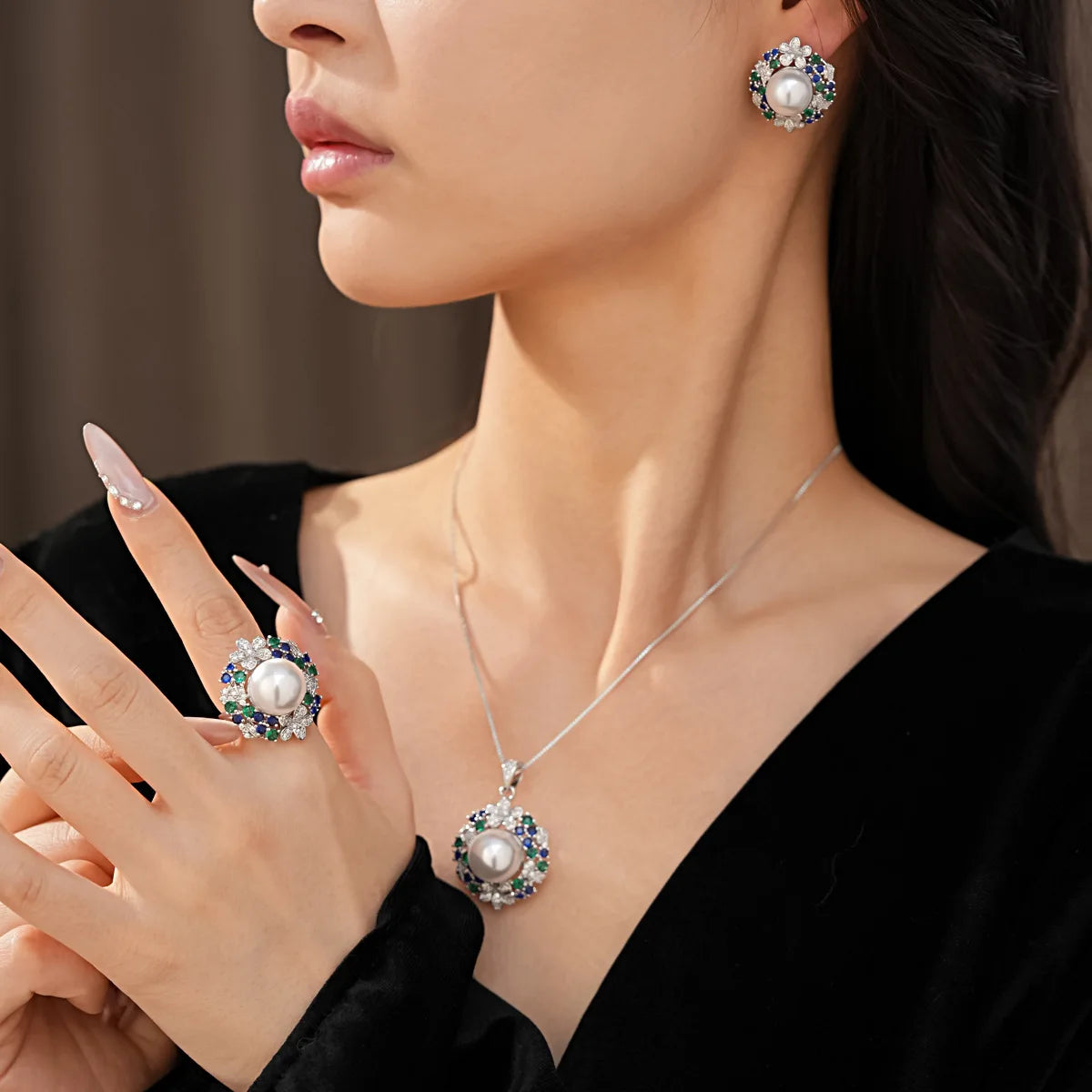 3Pcs/4 Pcs Party Jewelry Set Large Size Pearl Necklace Earrings Rings Ladies Fashion Shiny Zircon Jewelry for Party Banquet K