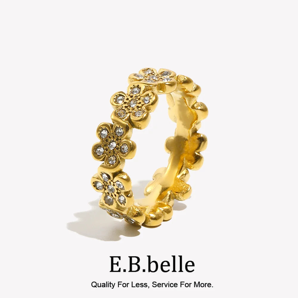 E.B.belle Flower Micro Inlaid Small Daisy Ring Tarnish Free 316L Stainless Steel Jewelry 18K Gold Plated Decoration