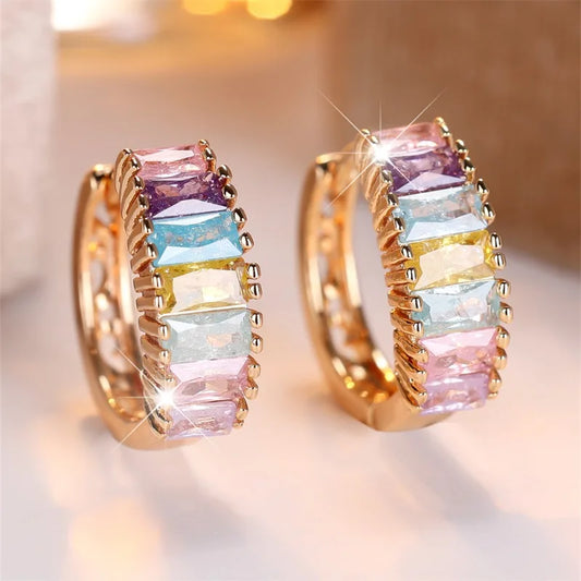 Multicolor Ice Flower Cubic Zirconia Square Stone Hoop Earrings for Women Vintage Golden Color Ear Buckle Wedding Jewelry Gifts