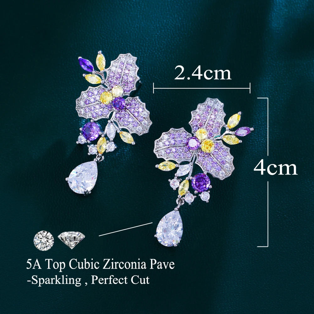ThreeGraces Delicate Purple Yellow Zircon Long Flower Leaf Drop Earrings for Women Elegant Bridal Wedding Party Jewelry E1904