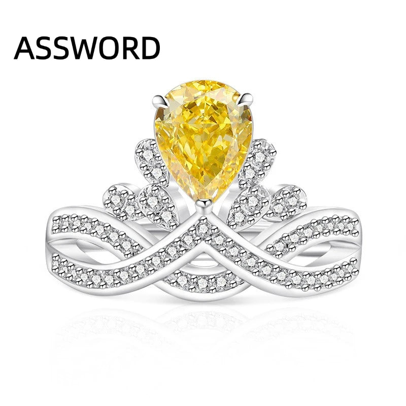 925 Sterling Silver Crown Teardrop Ice Flower Cut Cubic Zirconia Ring Twisted Split Shank Wedding Jewelry Gift for Women
