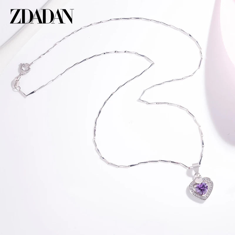 ZDADAN 925 Sterling Silver Heart Purple Crystal Pendant Necklace Chains For Women Fashion Wedding Jewelry