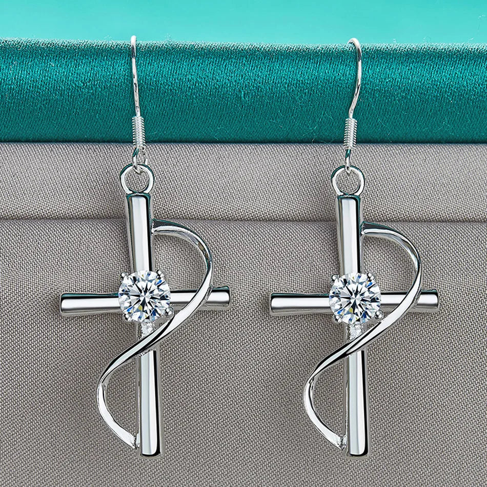 URMYLADY 925 Sterling Silver Cross Zircon Earrings For Women Charm Jewelry Wedding Fashion Gift