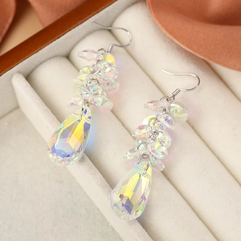 Fashion Long Tassel AB Color Crystal Dangling Earrings for Women Temperament Elegant Engagement Party Jewelry Gifts