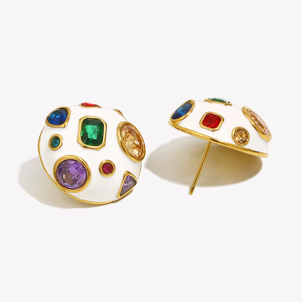 E.B.belle White Enamel Geometric Colored Zirconium Spherical Earrings 18K Gold Plated Gift 316L Stainless Steel Women's Earrings