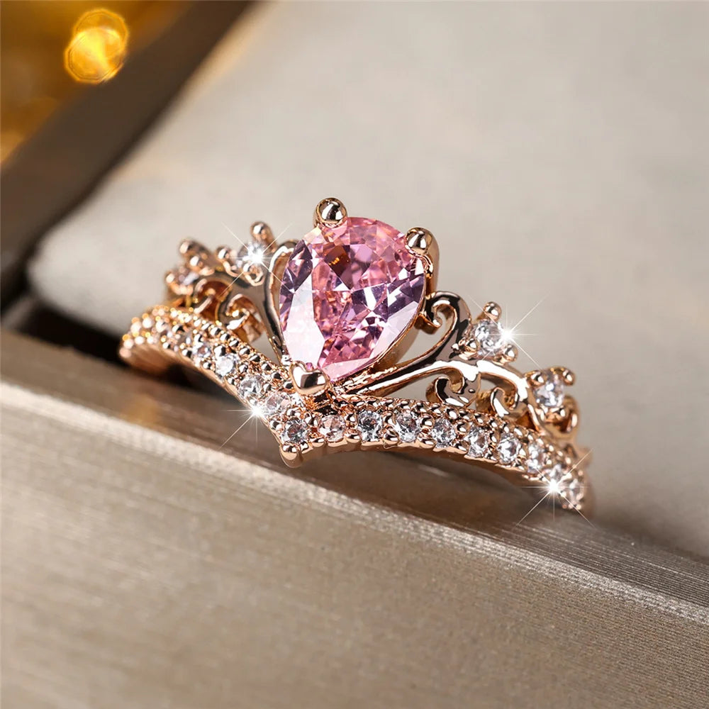 Luxury Female Pink Water Drop Zircon Stone Ring Dainty Rose Gold Color Wedding Jewelry For Women