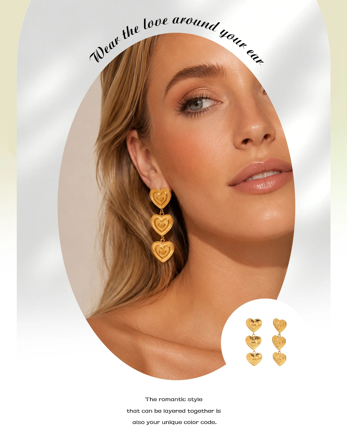 E.B.belle Modern Triple Heart Stud Earrings For Women 18K Gold Plated Waterproof Stainless Steel Earrings Fashion Ladies Jewelry