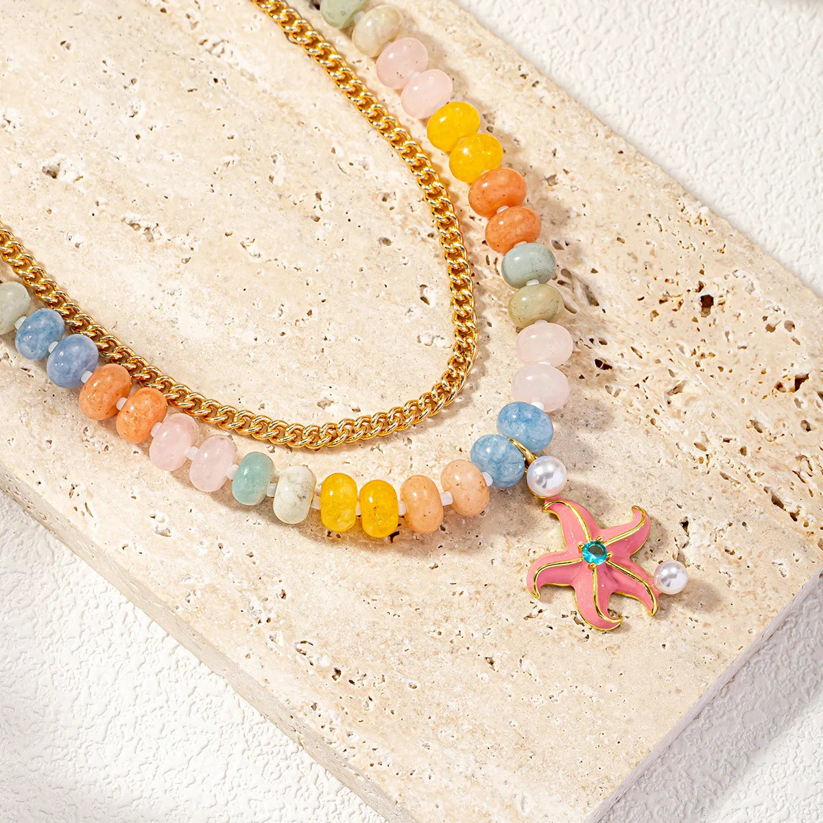 Handmade Natural Stone Beads Choker Necklace Women Colorful Enamel Starfish Pendant Stainless Steel Chain Necklaces Boho Jewelry