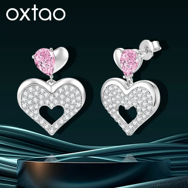 OXTAO Pink Heart-shaped Drop Earrings Sweet Moissanite &CZ Lab Imitation Diamond 14K Gold Filled  for Women Luxury Jewelry