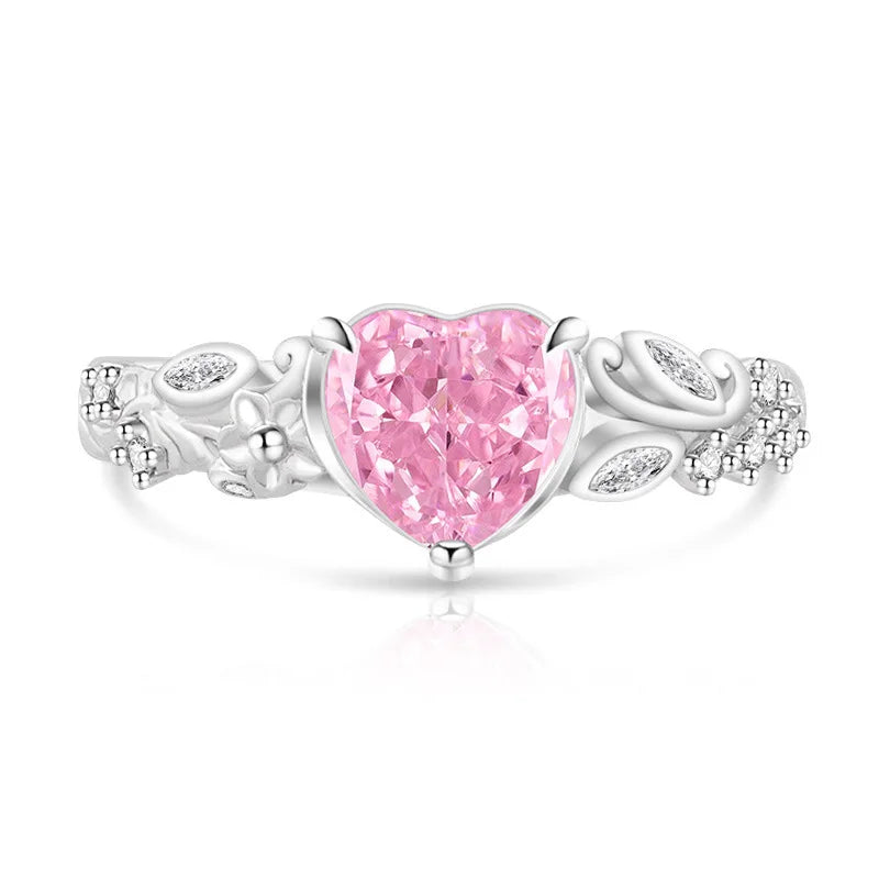 925 Sterling Silver Heart Ice Flower Cut Solitaire Ring, Antique Floral Band with Marquise Side Zircon, Ladies Party Jewelry